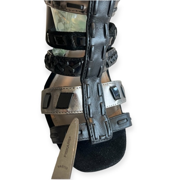 Donald J. Pliner Bindy Black Metallic Strapy Woven Gladiator Heeled Sandals - Picture 15 of 16